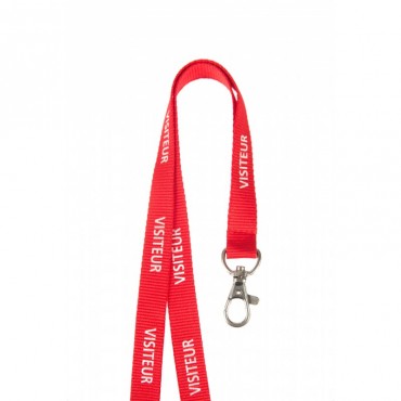 Cordon tour de cou plat 15mm avec crochet métal pré-imprimé VISITEUR Rouge 1437400 Cordon tour de cou plat 15mm avec crochet métal pré-imprimé VISITEUR Rouge 1437400