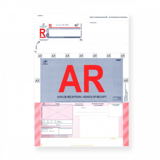 Bordereaux Recommandés A4 Internationaux Avec Accusé Sans code barre - Réf: 3032