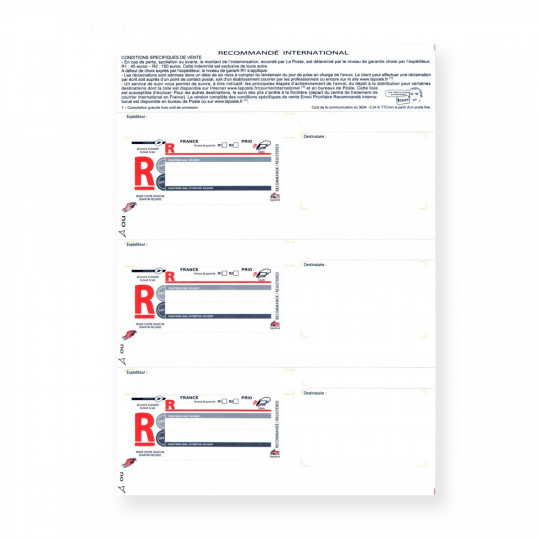 Bordereaux Recommandés A4 Internationaux Sans Accusé et sans code barre - Réf: 3309